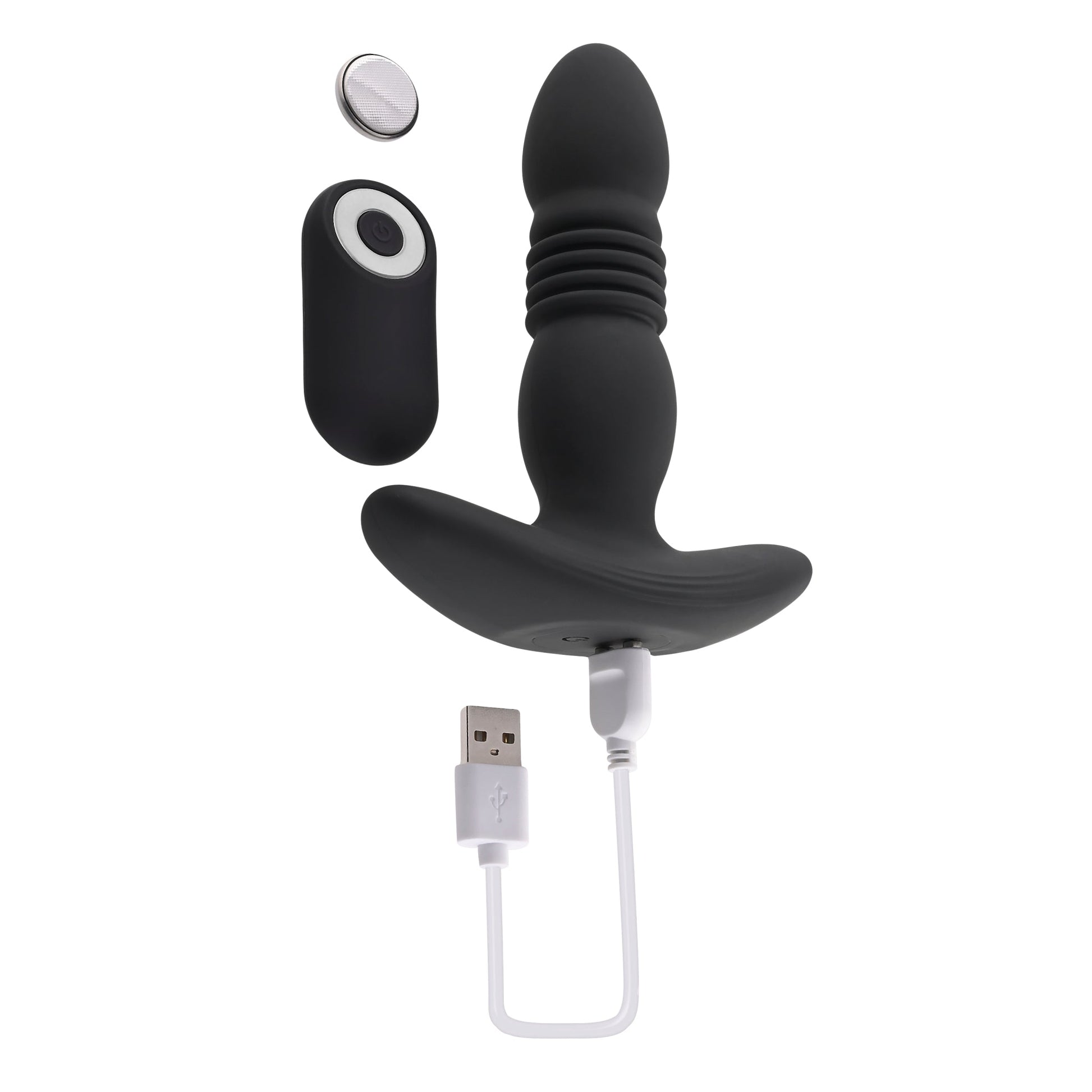 Black silicone anal plug with remote and USB charging cable.