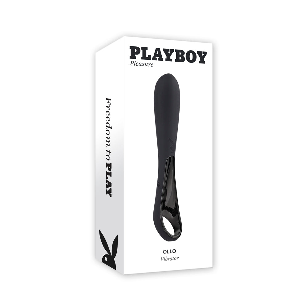 Playboy Ollo vibrator in black on a white box.