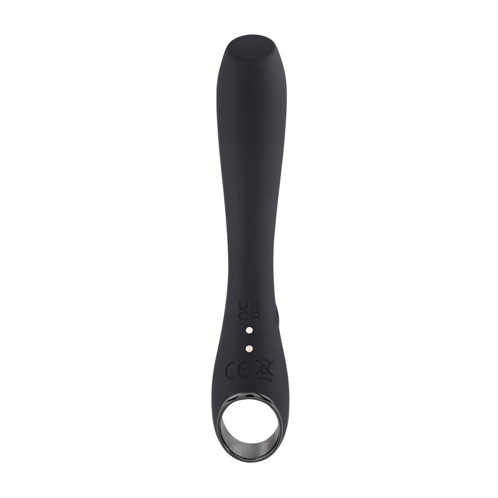 A black, curved silicone massager with a ring at the base.