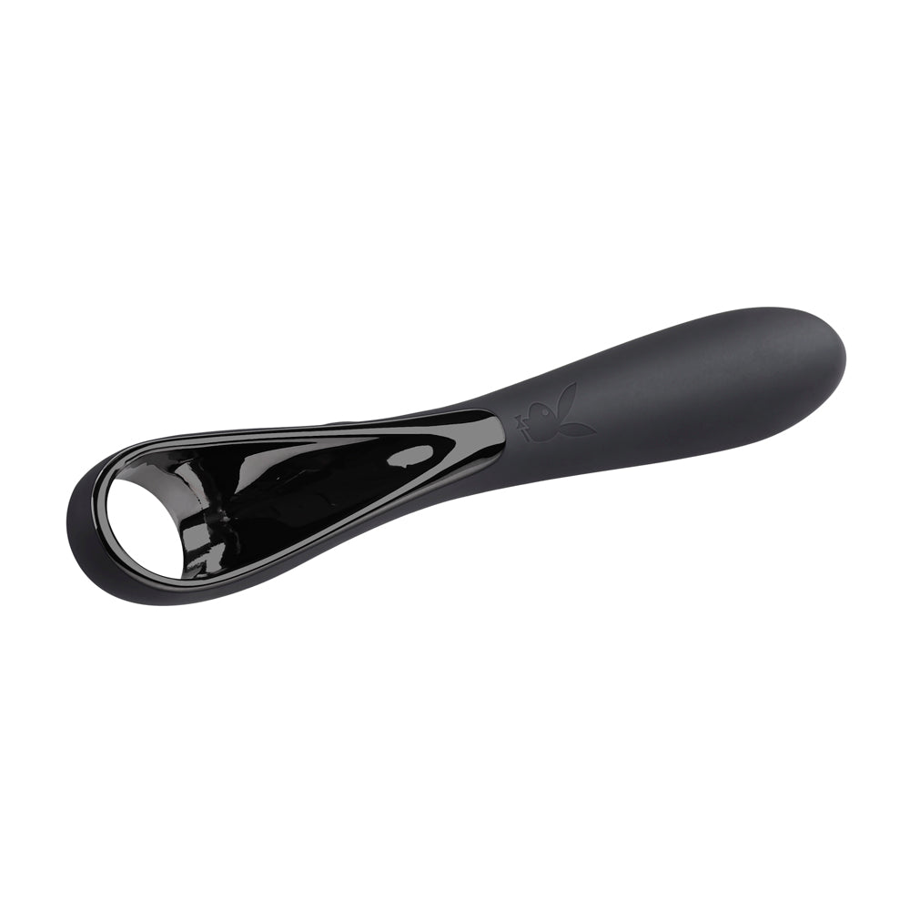 Black Playboy Ollo rabbit massager with a shiny inner surface.