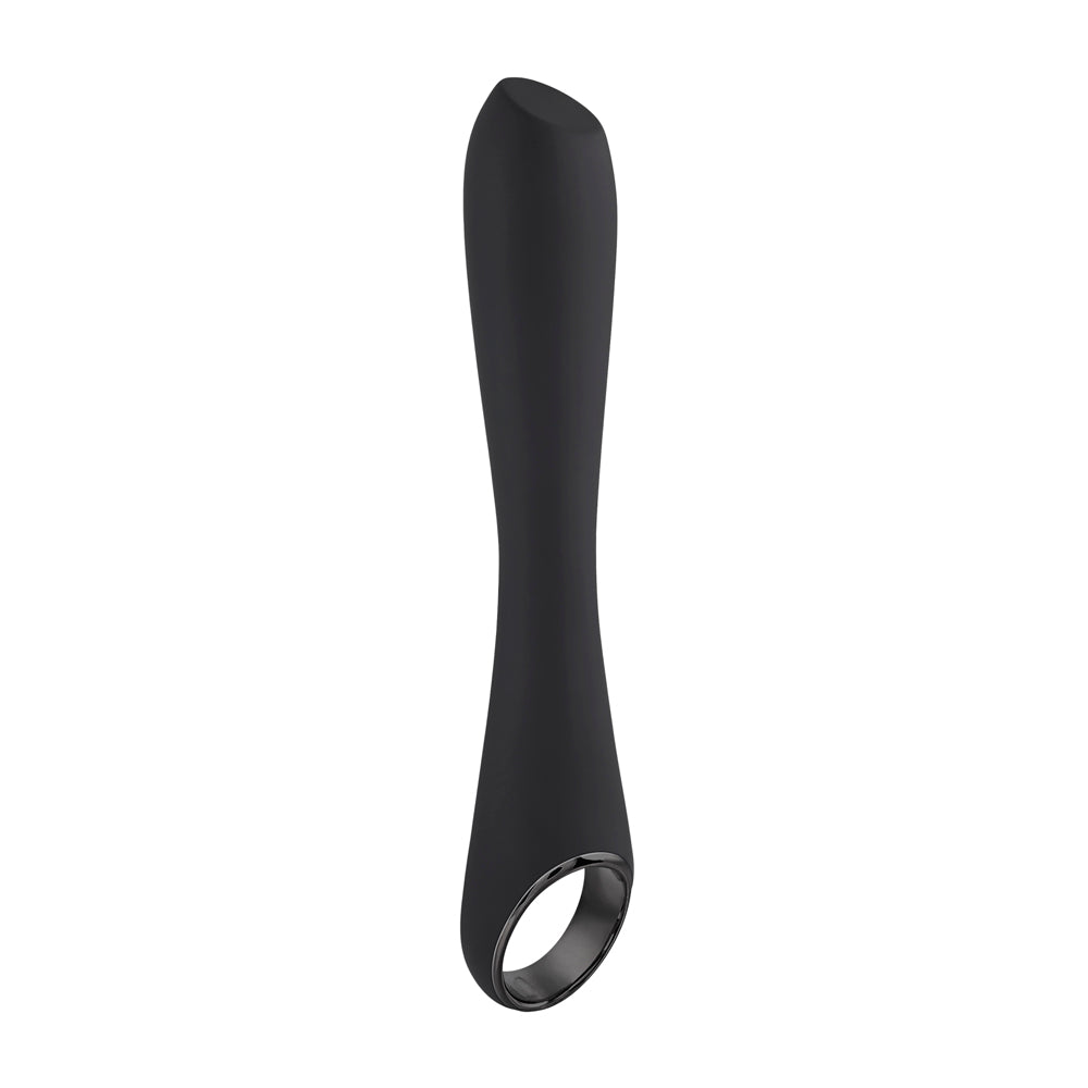 Black silicone rabbit massager with a ring at the base.