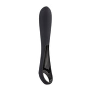 Black silicone rabbit massager with a loop at the bottom.