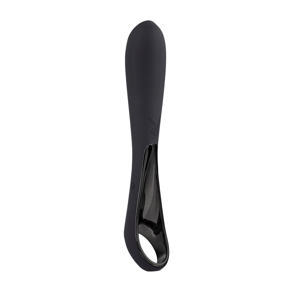 Black silicone rabbit massager with a loop at the bottom.