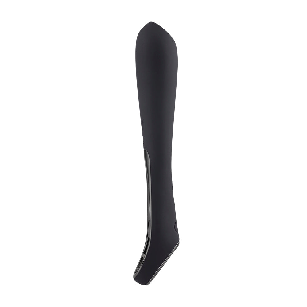 A black, curved silicone massager with a sleek design.