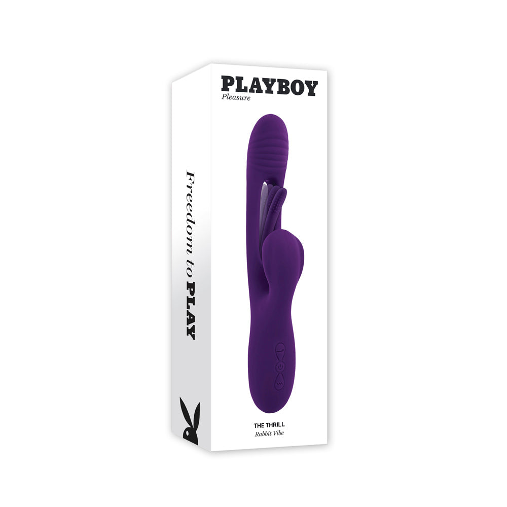 A purple Playboy rabbit vibrator with a ribbed head and flapper on a white box.