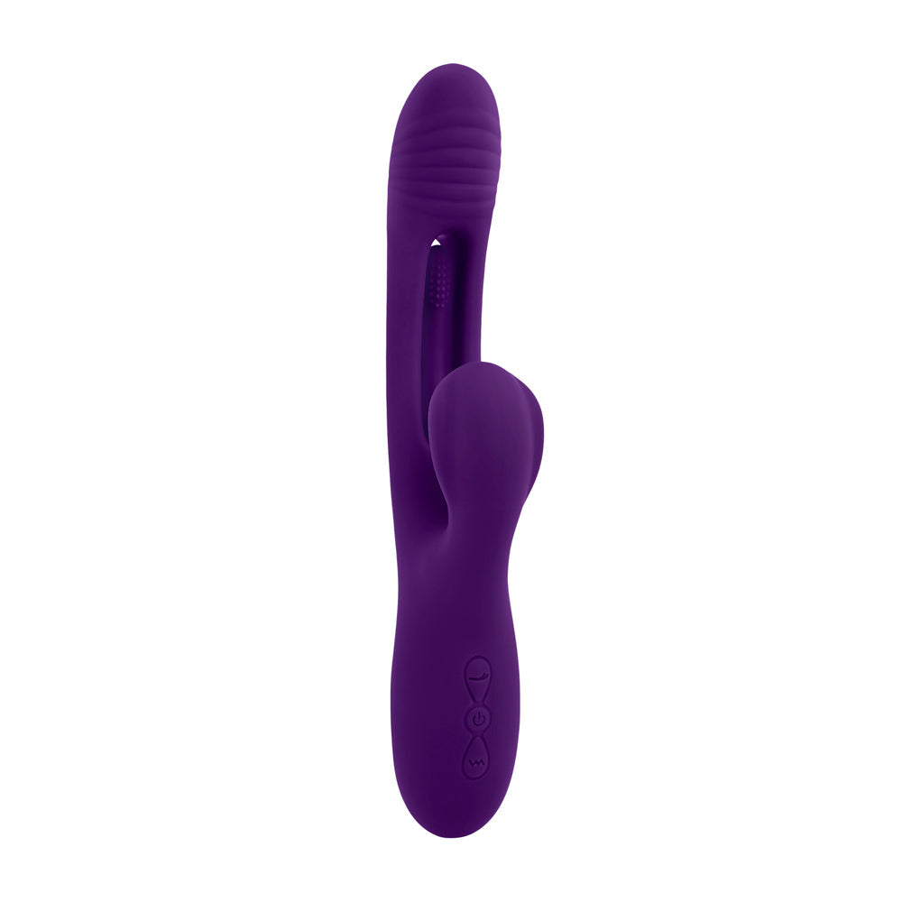 A purple rabbit vibrator with a ribbed head and a curved shaft.