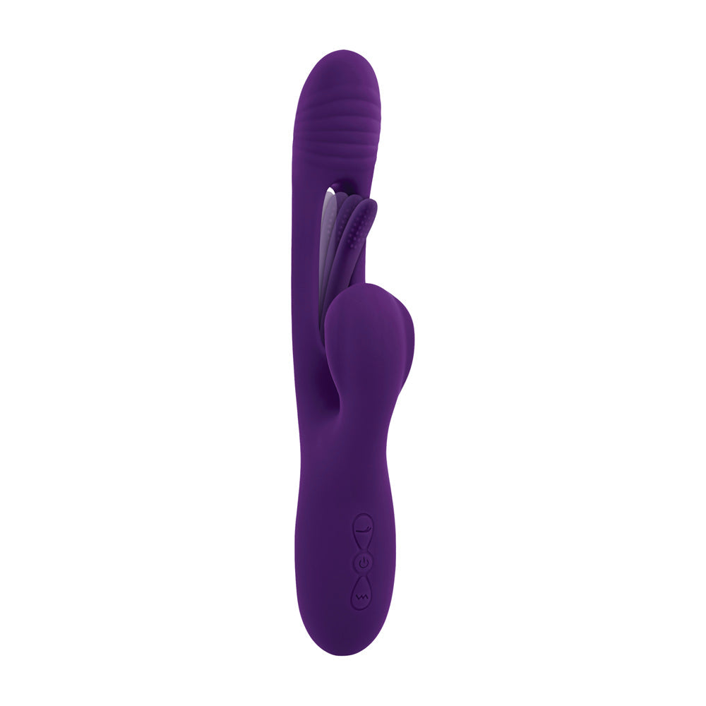 A purple rabbit vibrator with textured ears and control buttons.