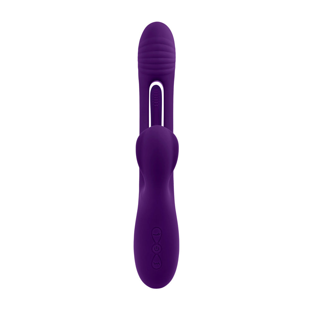 A purple rabbit vibrator with ribbed texture and control buttons.