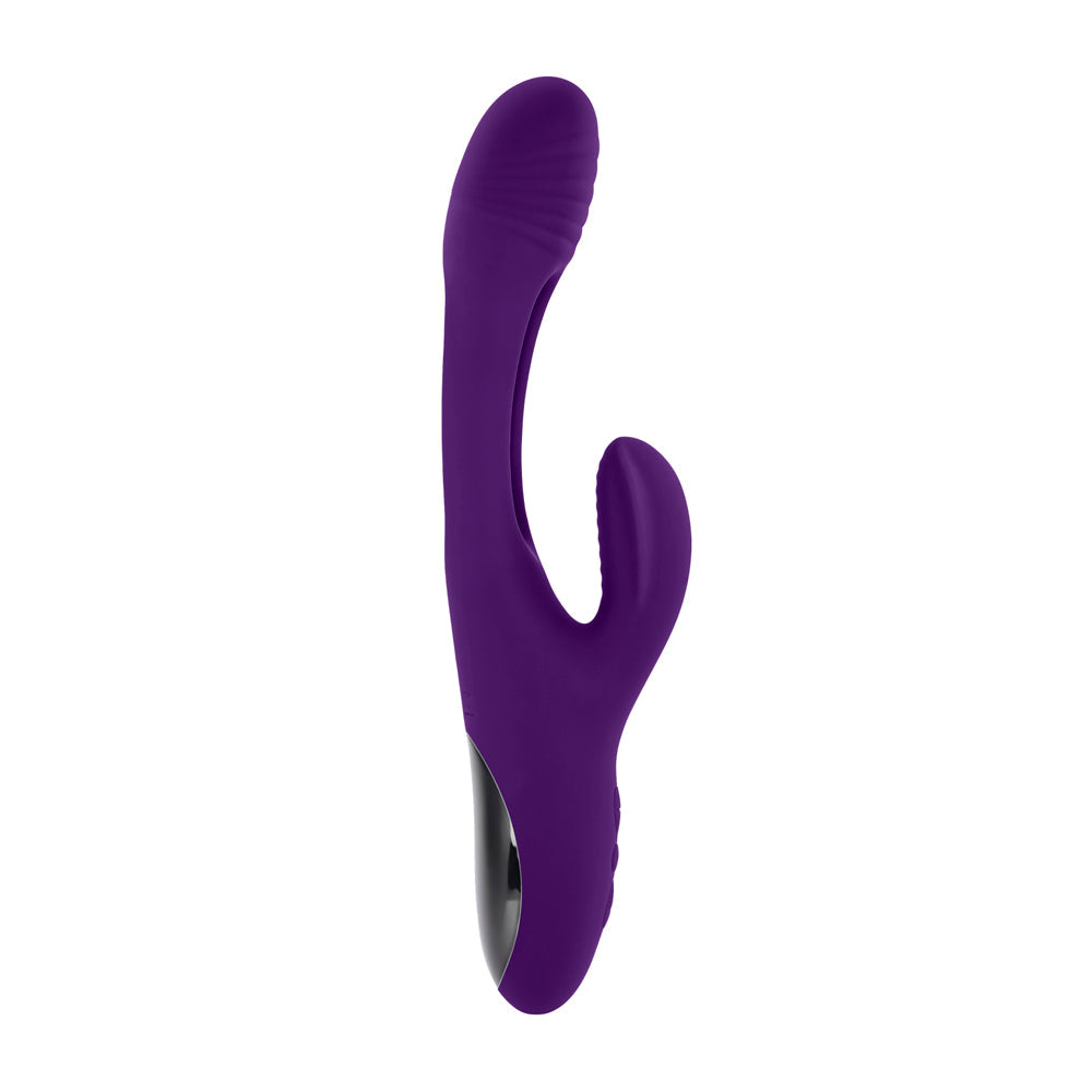 A purple rabbit vibrator with a curved shaft and textured head.