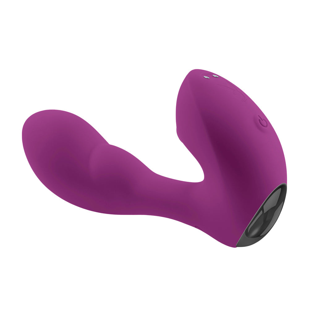 Purple G-spot stroking rabbit vibrator with a curved shaft.