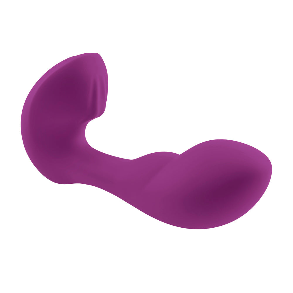 A purple G-spot stroking rabbit vibrator with a curved shape.