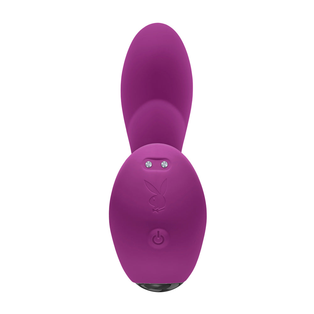 Purple Playboy rabbit vibrator with power button and two small circular buttons.