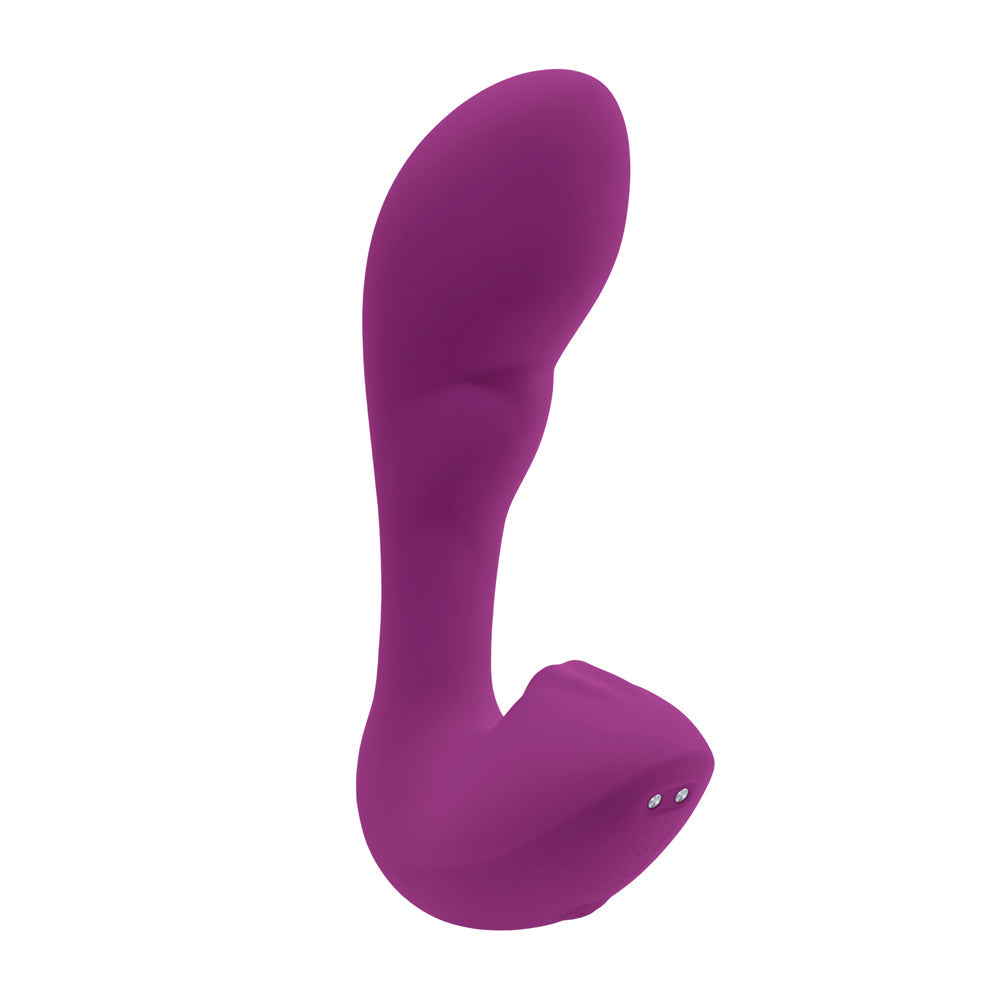 A purple G-spot stroking rabbit vibrator with two small buttons on the base.