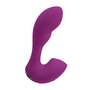 Purple rabbit vibrator with a curved shaft and external stroking stimulator.