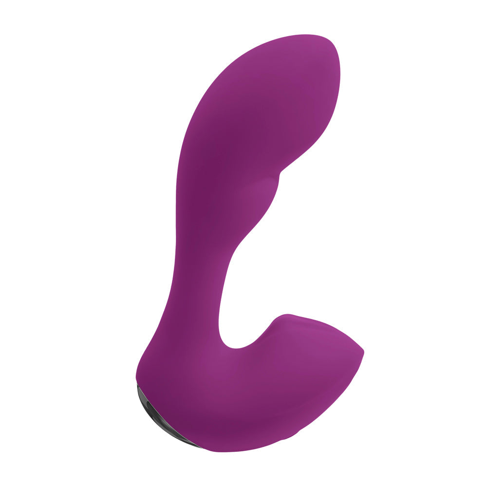 Purple rabbit vibrator with a curved shaft and external stroking stimulator.