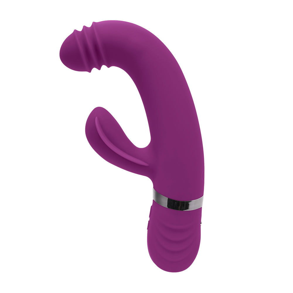 Purple silicone vibrator with a curved shaft and textured tip.