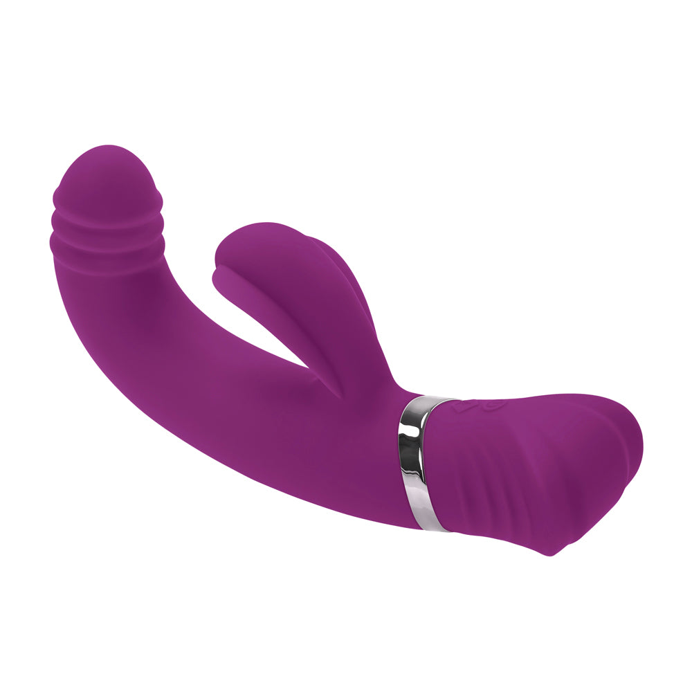 Purple rechargeable silicone rabbit vibrator with curved G-spot tip and tapping head.