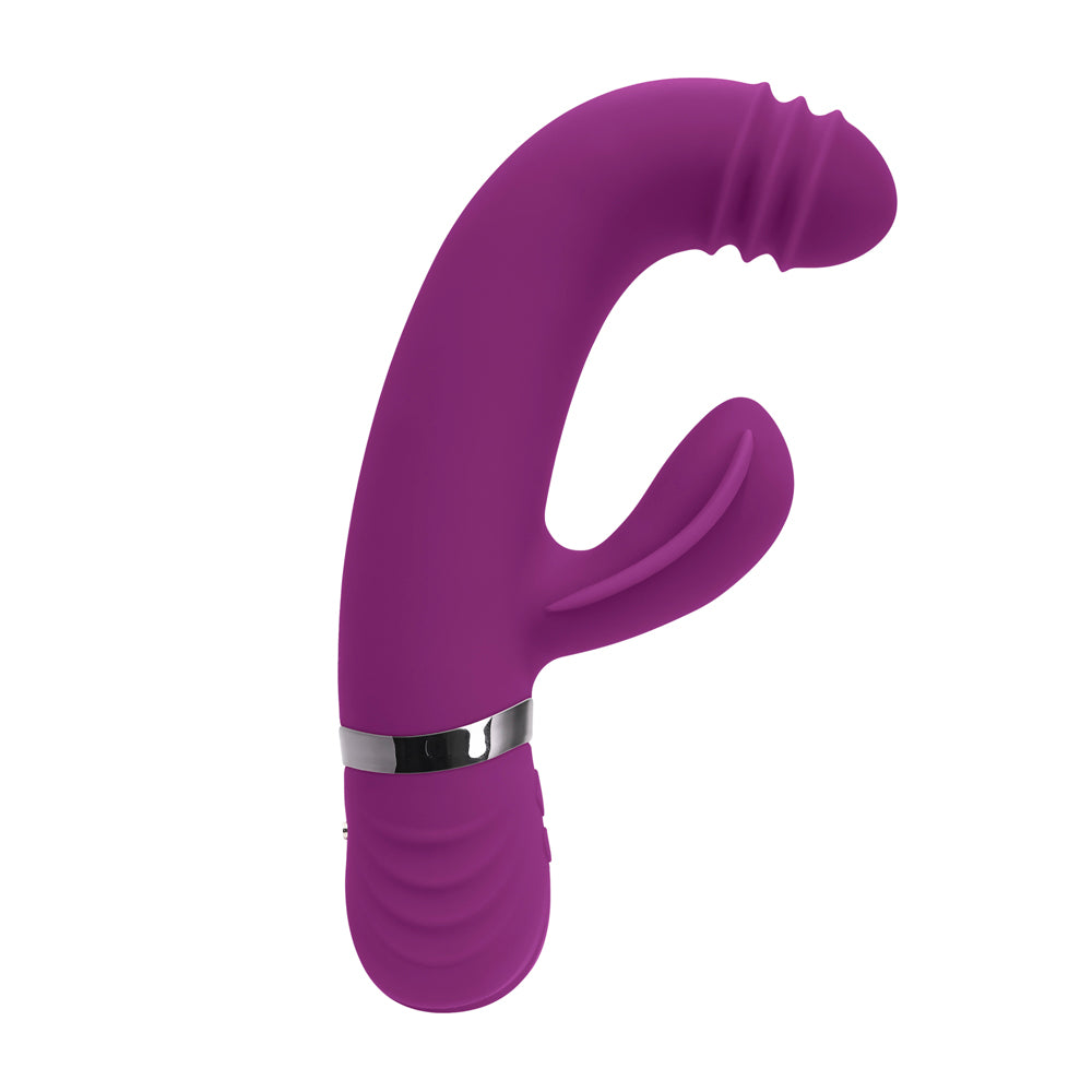 Purple silicone vibrator with a curved shaft and ribbed head.