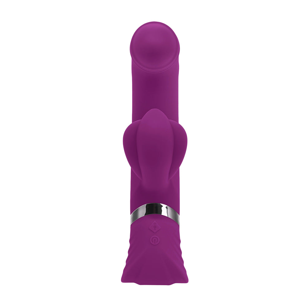Purple vibrator with a textured head and a silver band.