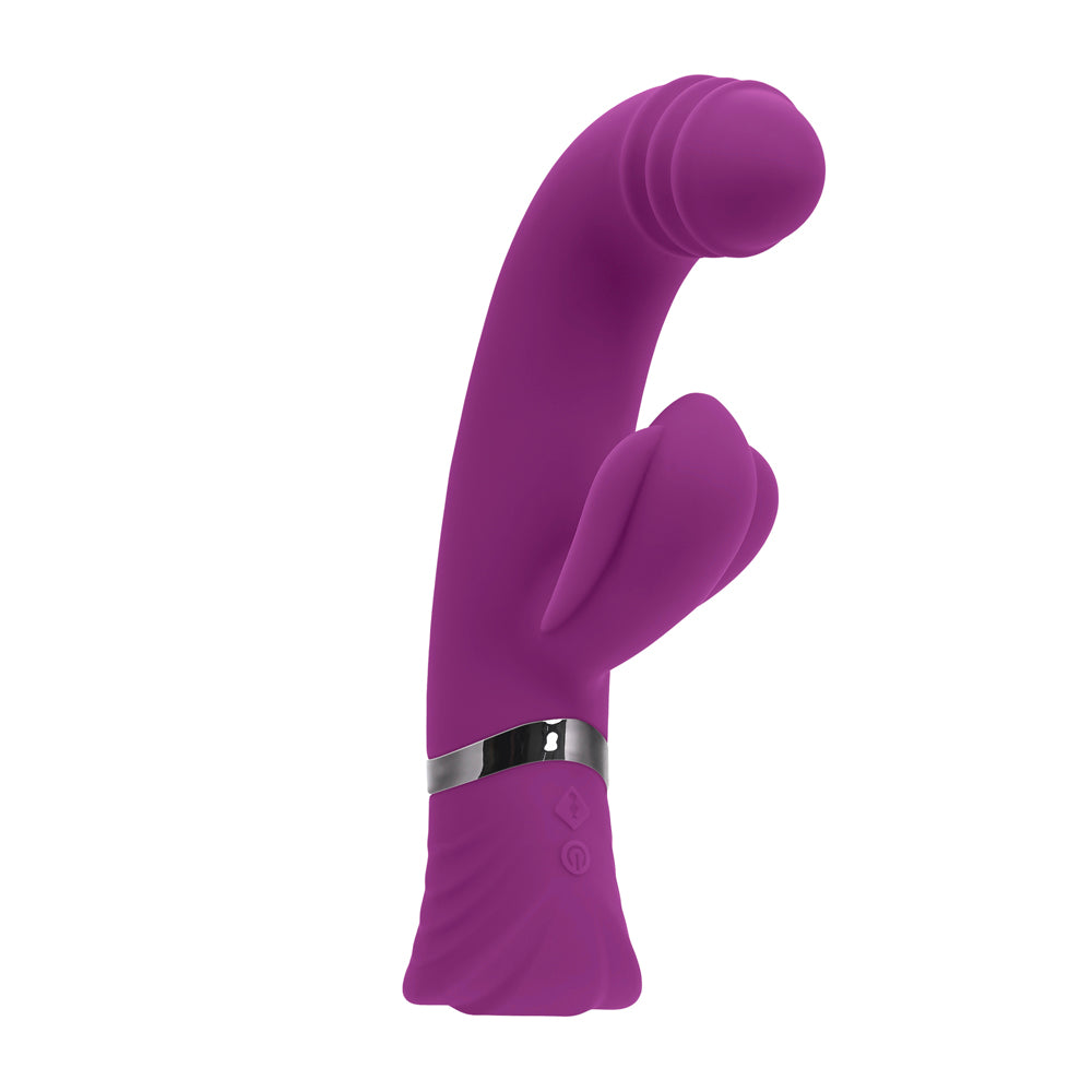 Purple silicone vibrator with a curved shaft and dual stimulation features.