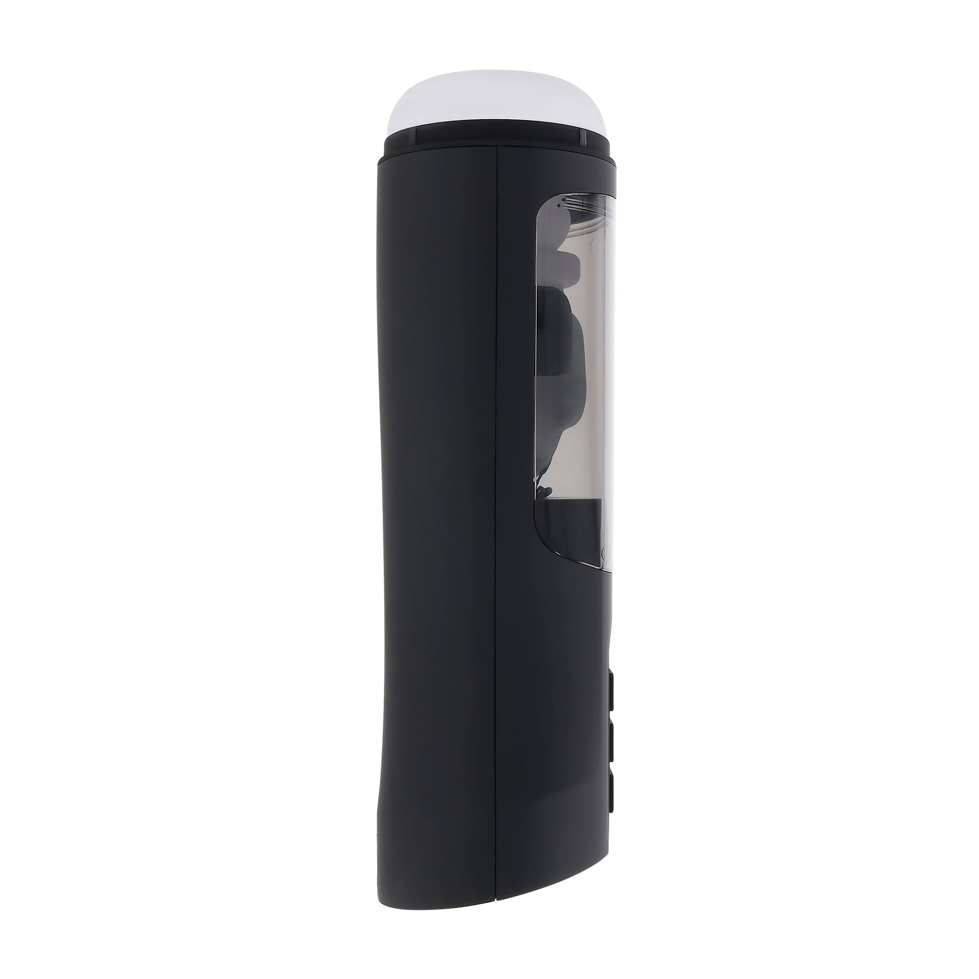Black warming stroker with a clear window and a white top, shown on a UV sanitizing stand.