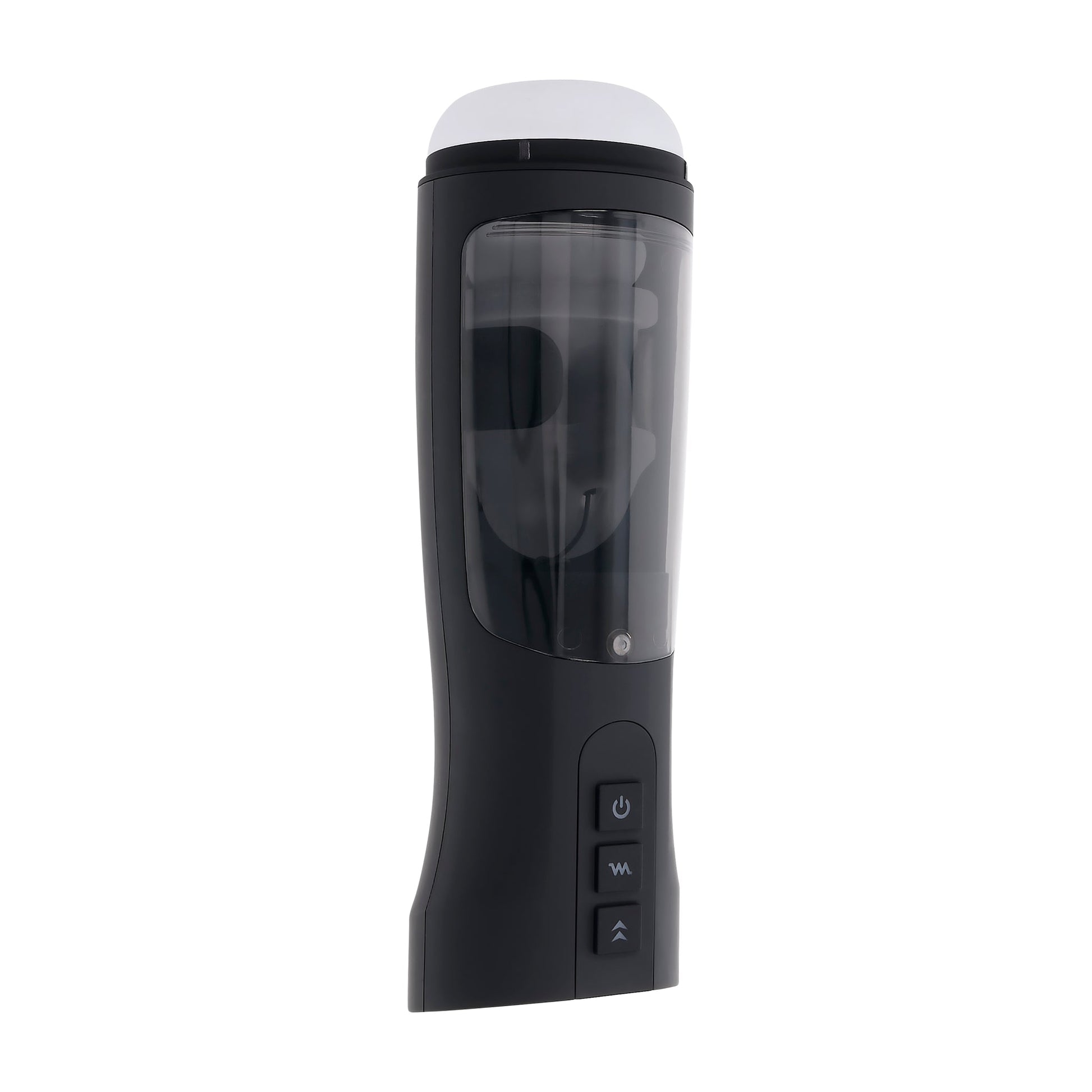 Black warming stroker with a clear textured sleeve and a white cap, featuring three buttons on the side.