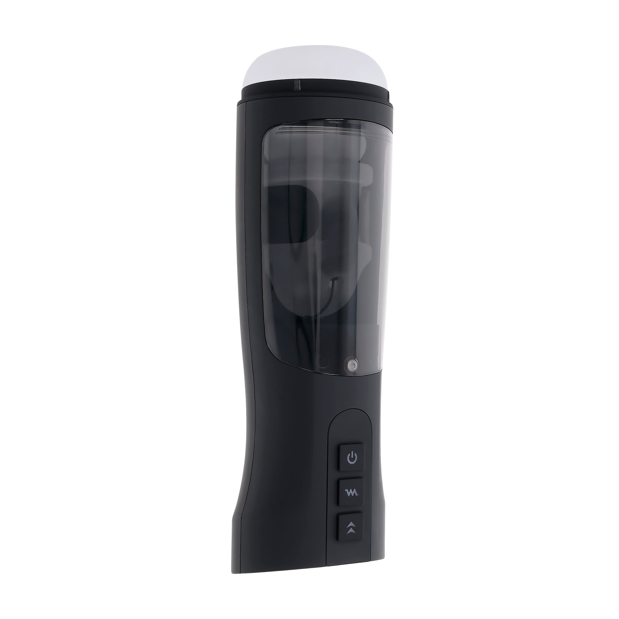Black warming stroker with a clear textured sleeve and a white cap, featuring three buttons on the side.