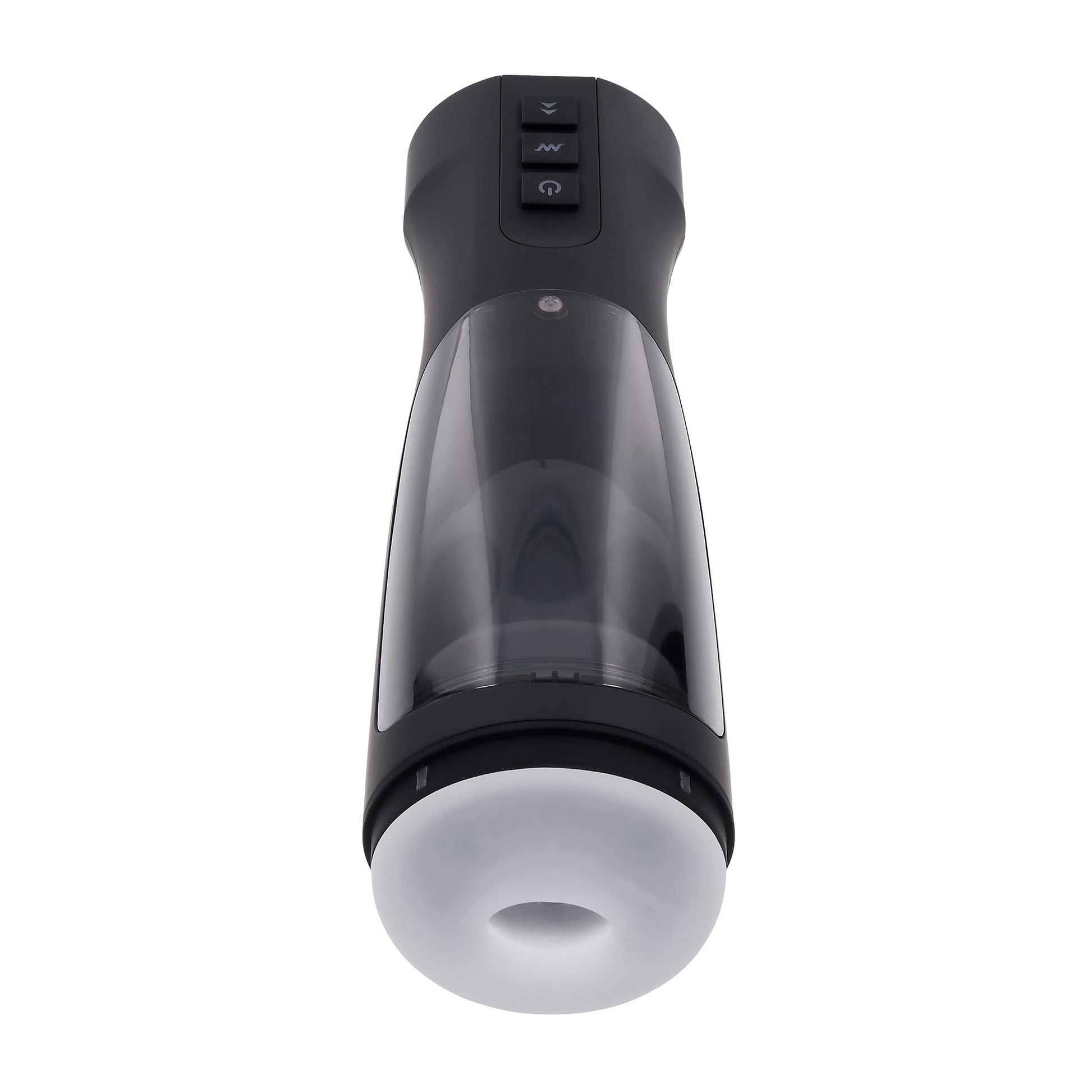 Black and clear warming stroker with three buttons on top and a white opening at the bottom.