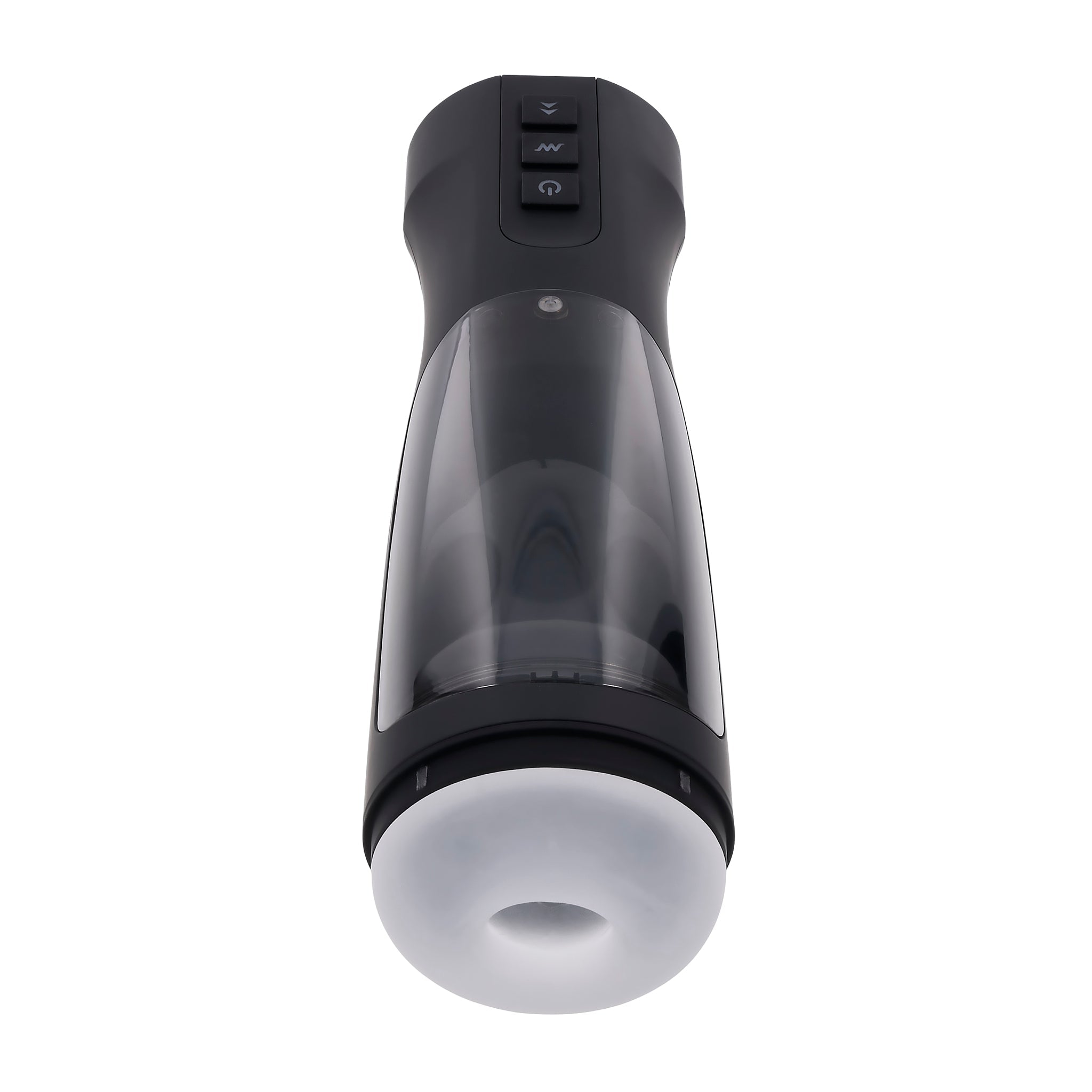 Black and clear warming stroker with three buttons on top and a white opening at the bottom.