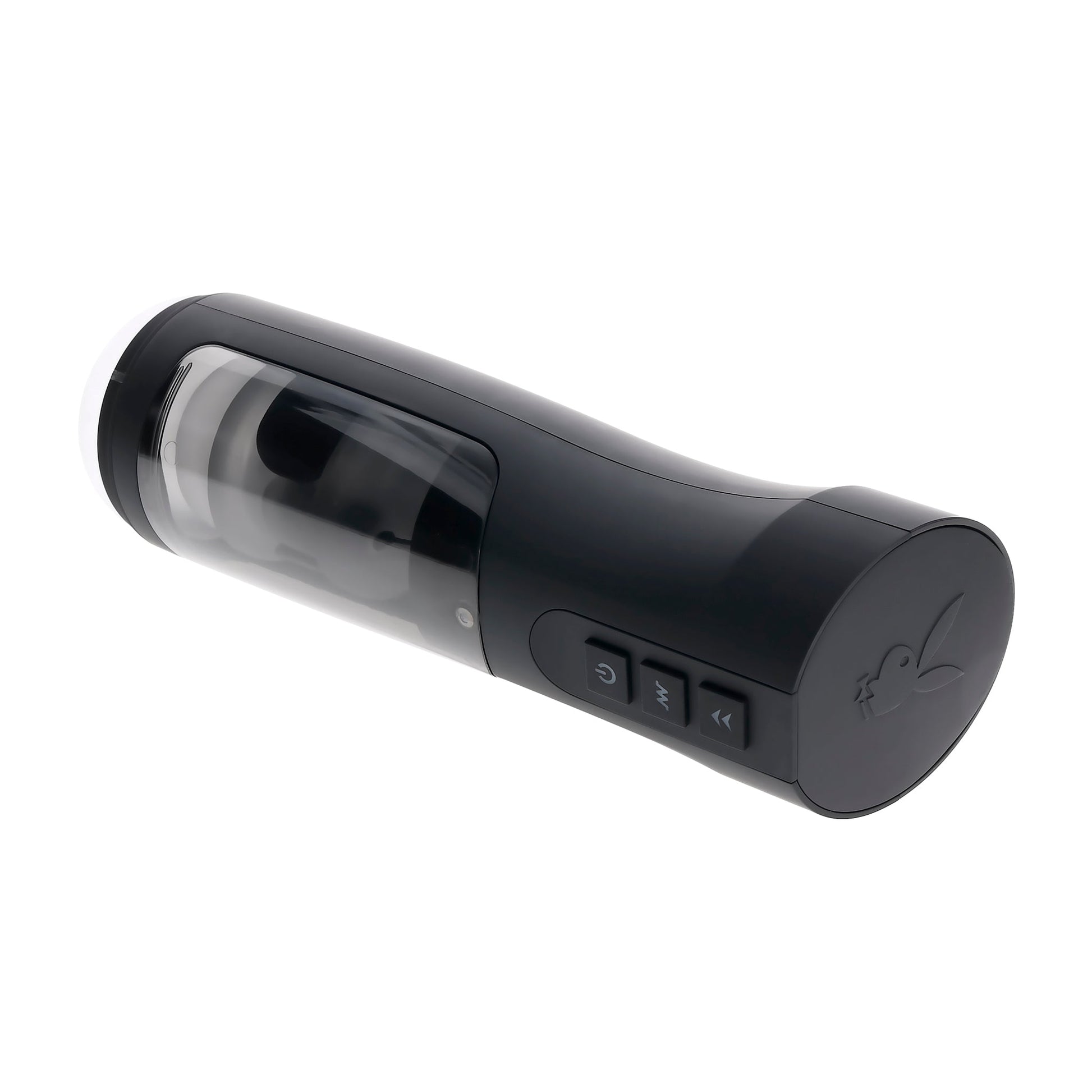 A black warming stroker with a clear textured sleeve and three control buttons, featuring a bunny logo on the end.