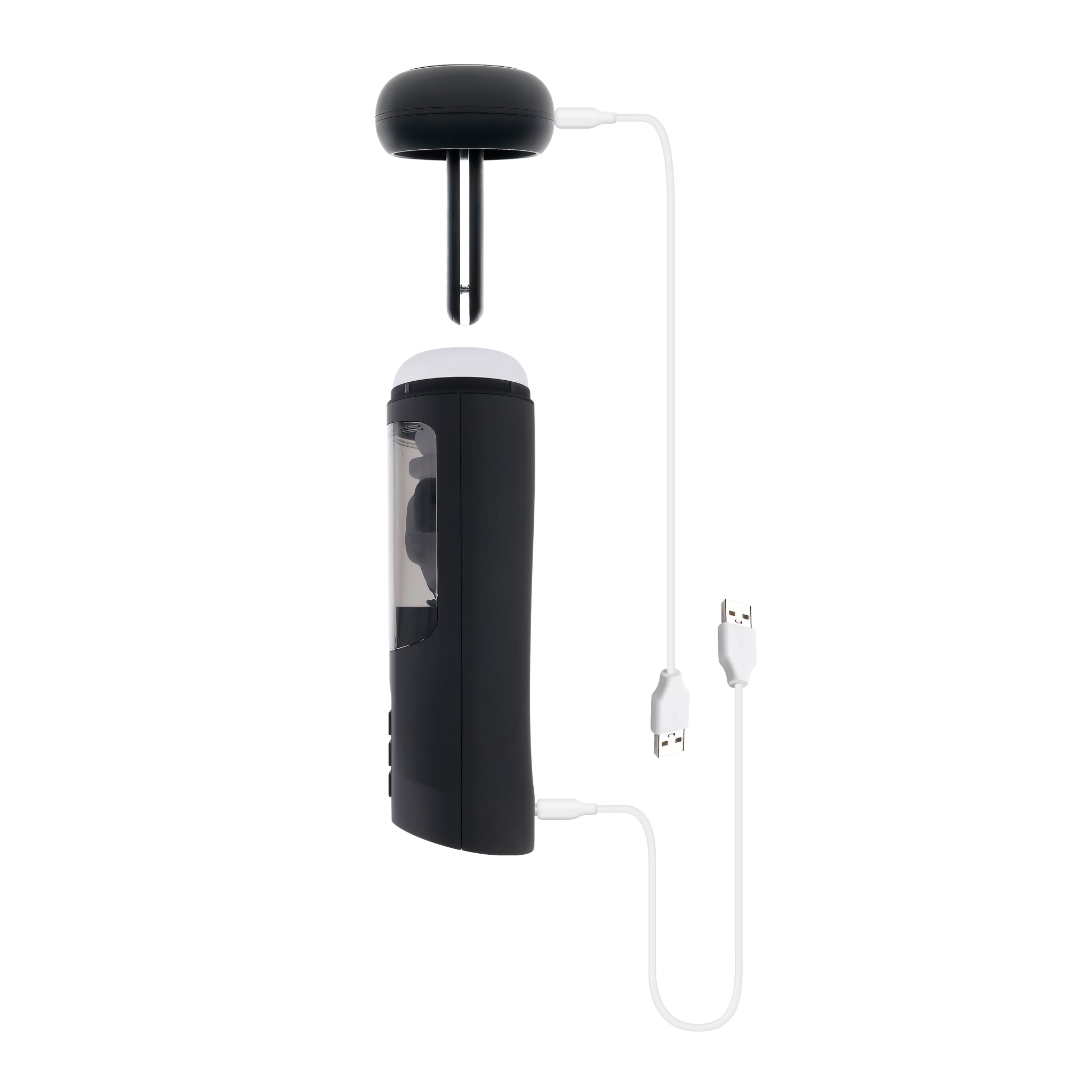 Black and white warming stroker with UV sanitizing stand and USB cables.