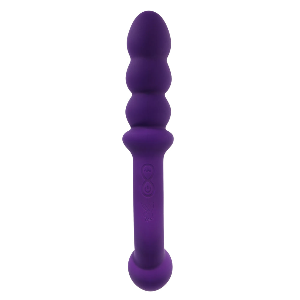 Purple vibrating wand with textured beads and a curved shaft.