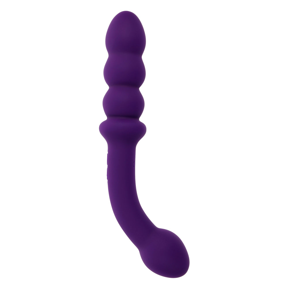 Purple vibrating wand with textured beads and a curved shaft.