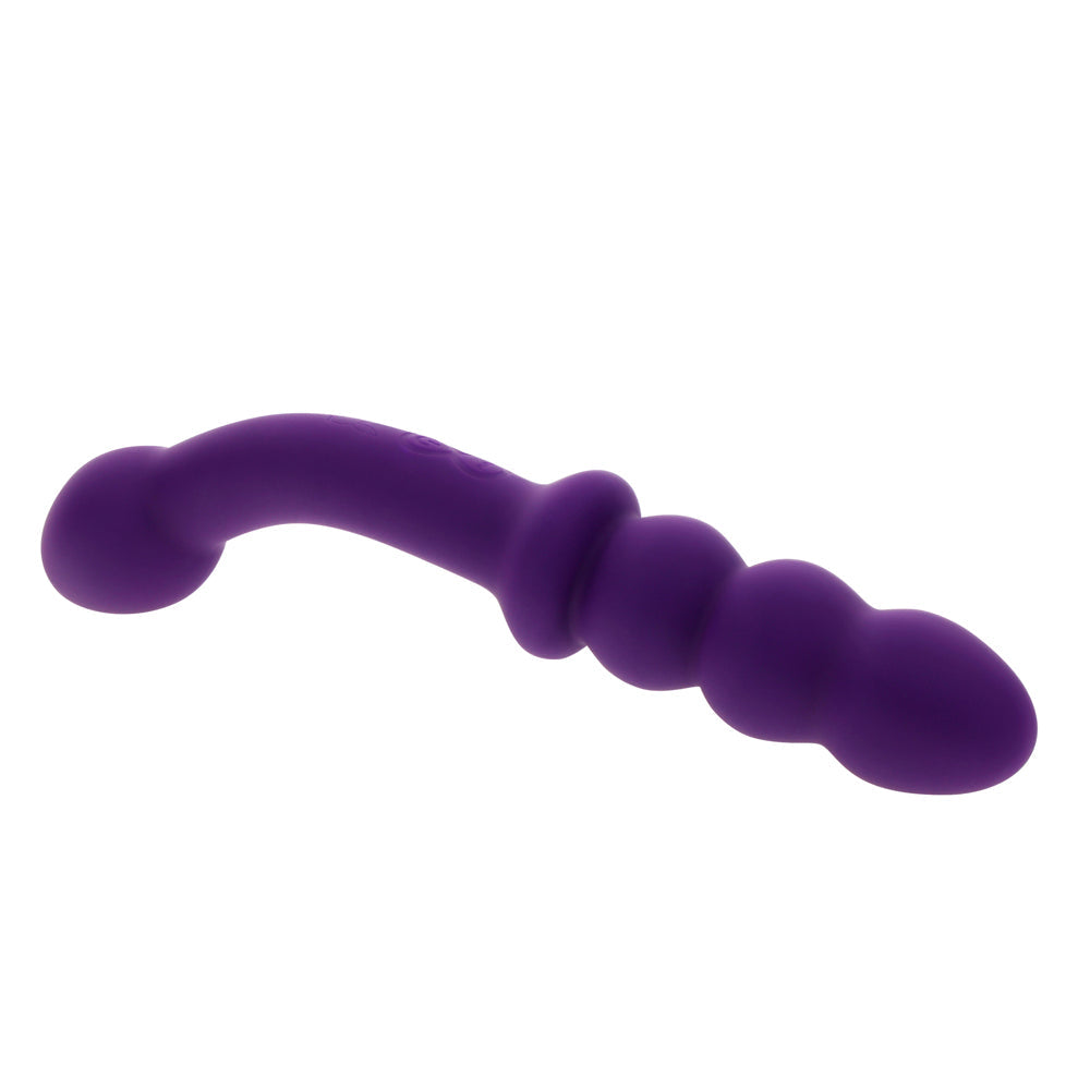 Purple vibrating wand with a curved shaft and textured beads.