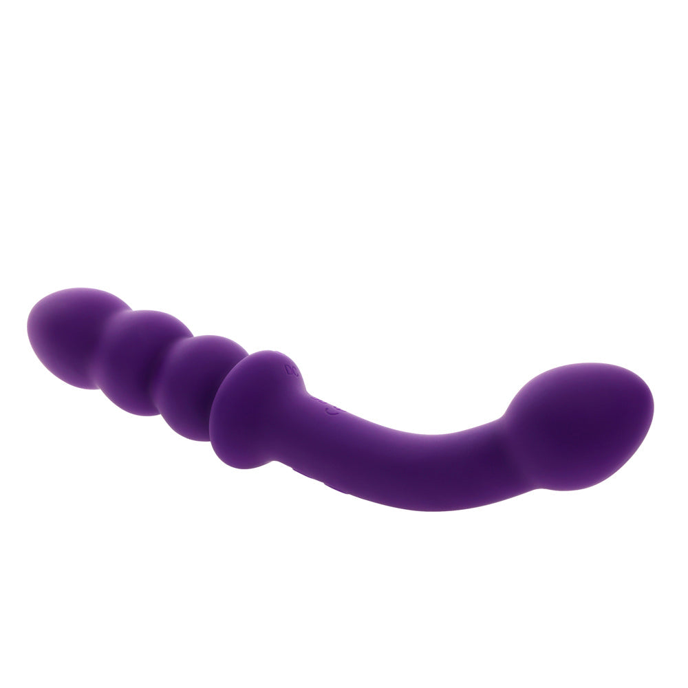 Purple vibrating wand with textured beads and a curved shaft.
