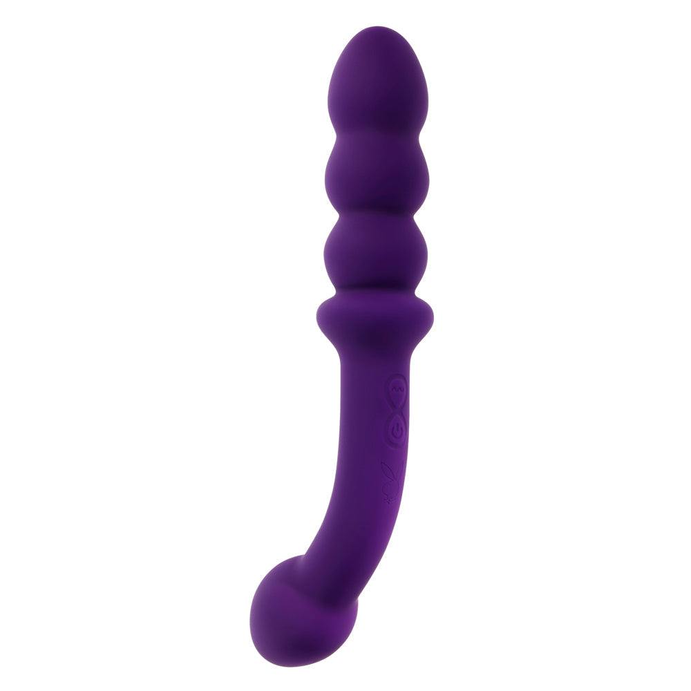 Purple vibrating wand with textured beads and a curved shaft.