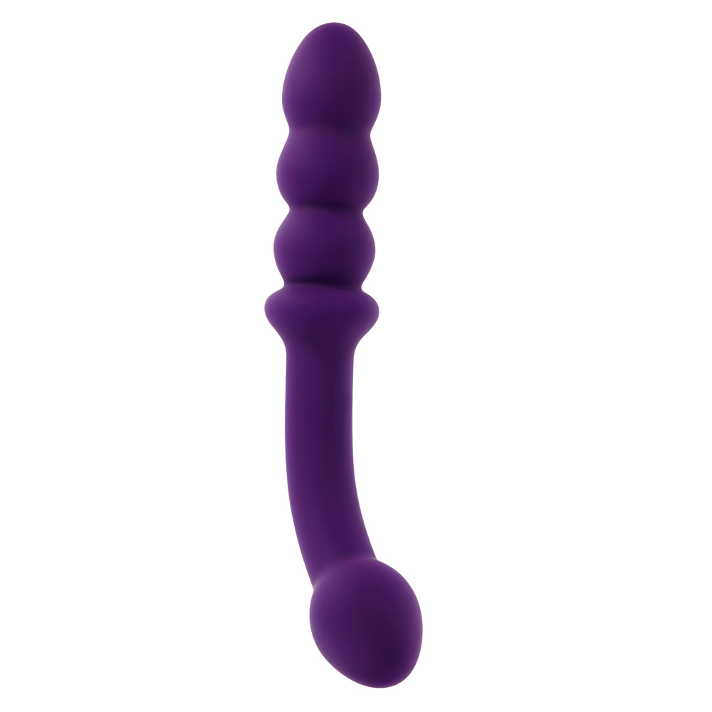 Purple vibrating wand with textured beads and a curved shaft.