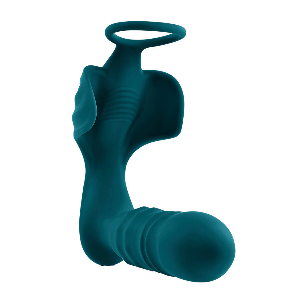 Teal thrusting anal plug and vibrating cock ring with a beaded shaft and winged cradle.