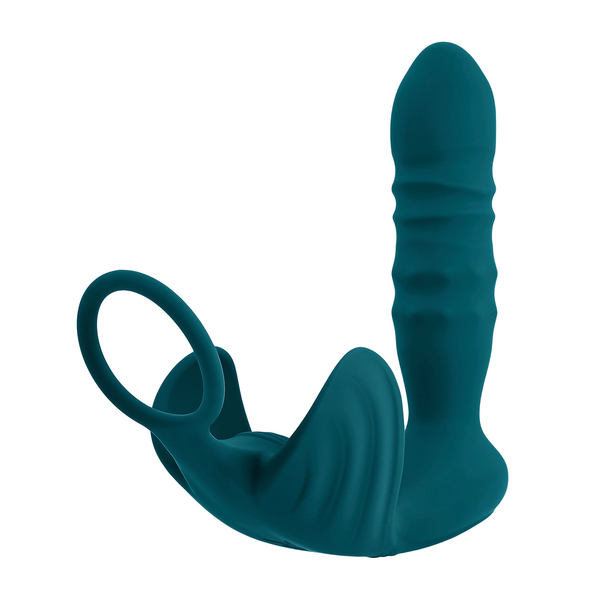 Teal silicone thrusting anal plug and vibrating cock ring set.