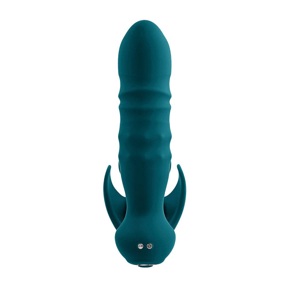 Teal vibrating cock ring with winged cradle and beaded anal plug.