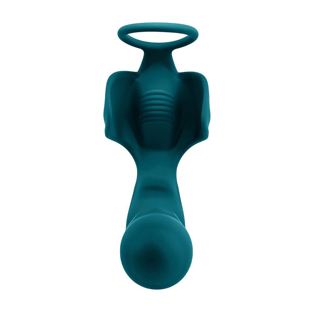 Teal vibrating cock ring and thrusting anal plug set.
