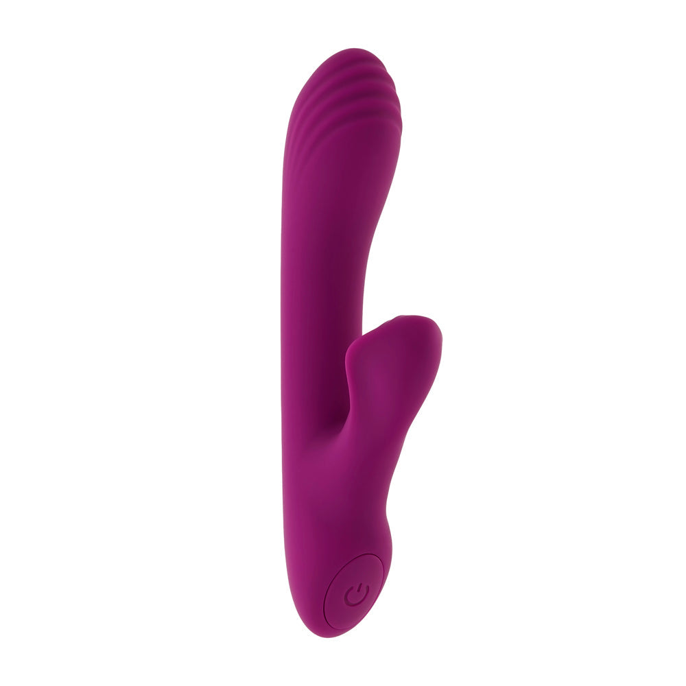 A purple rabbit vibrator with a ribbed head and a power button.