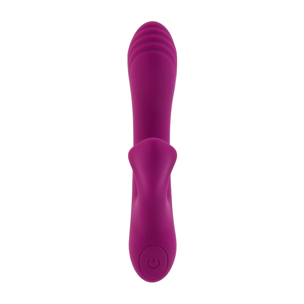 A purple rabbit vibrator with a ribbed head and a power button.