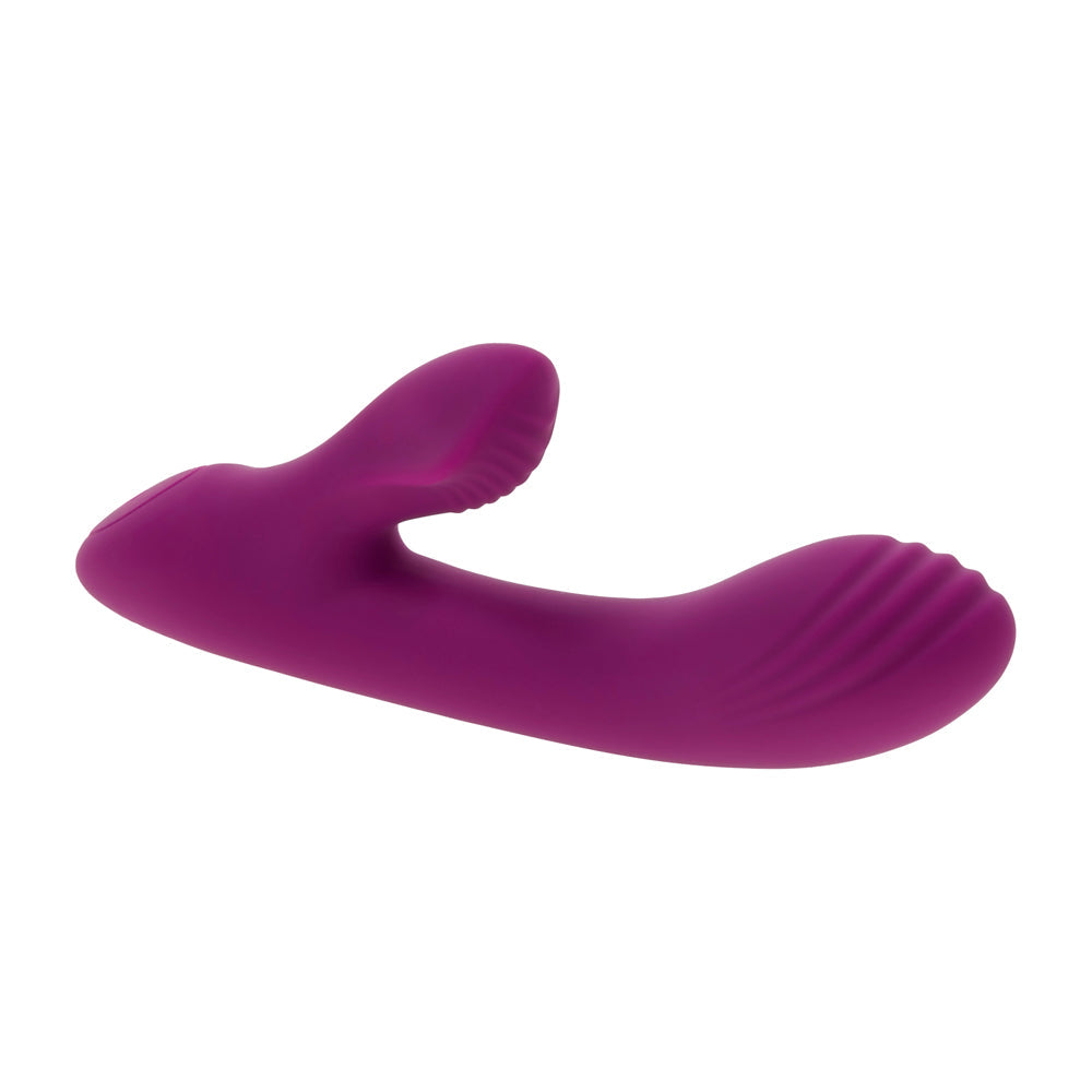 Purple rabbit vibrator with a curved shaft and textured ends.
