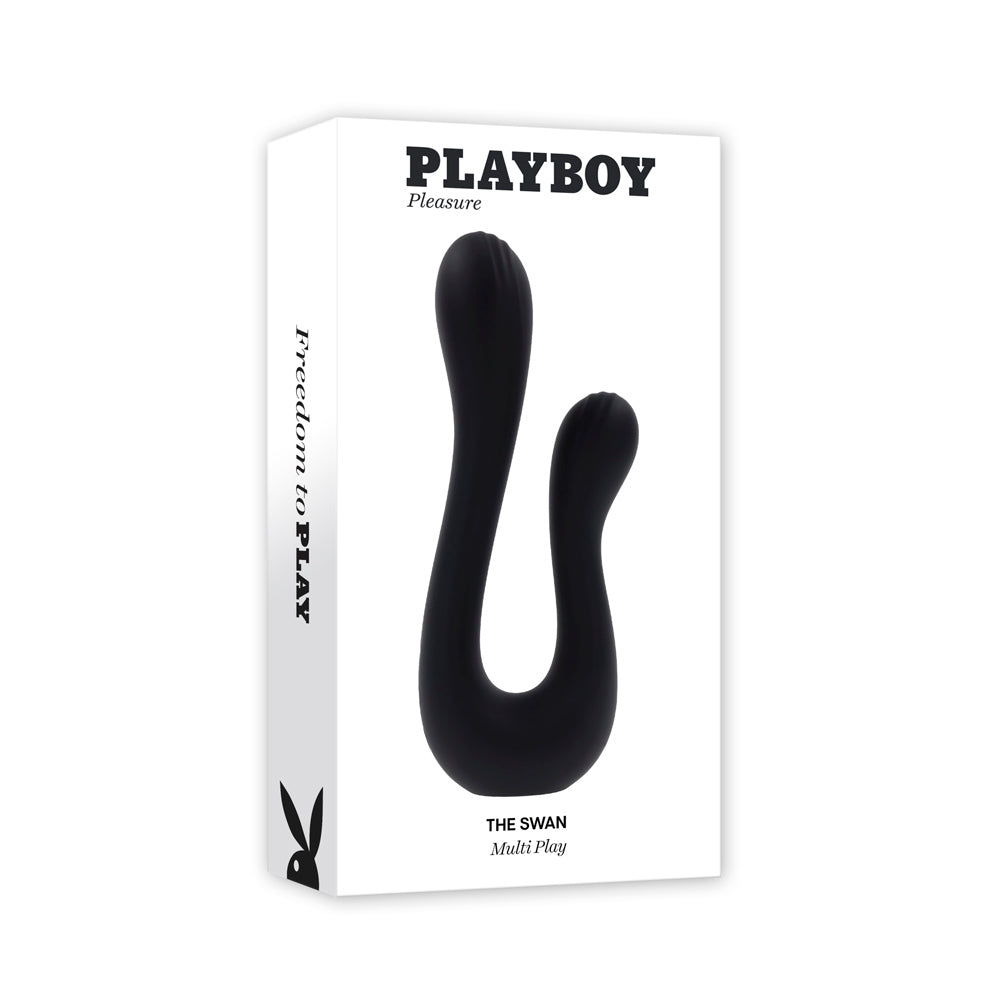 Black dual silicone vibrator with curved shafts and textured heads on a white box.