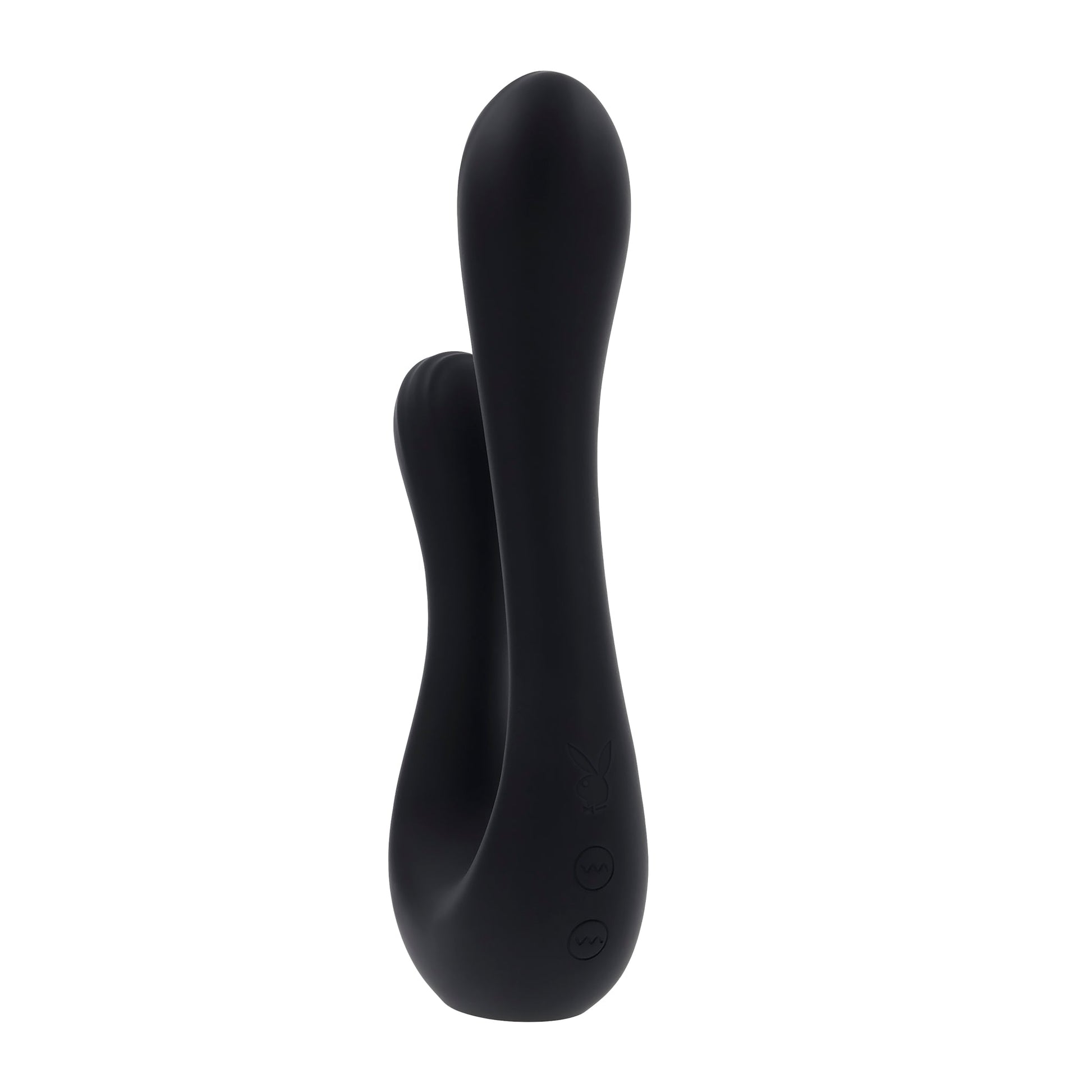 A black dual silicone vibrator with a Playboy bunny logo and two circular buttons.