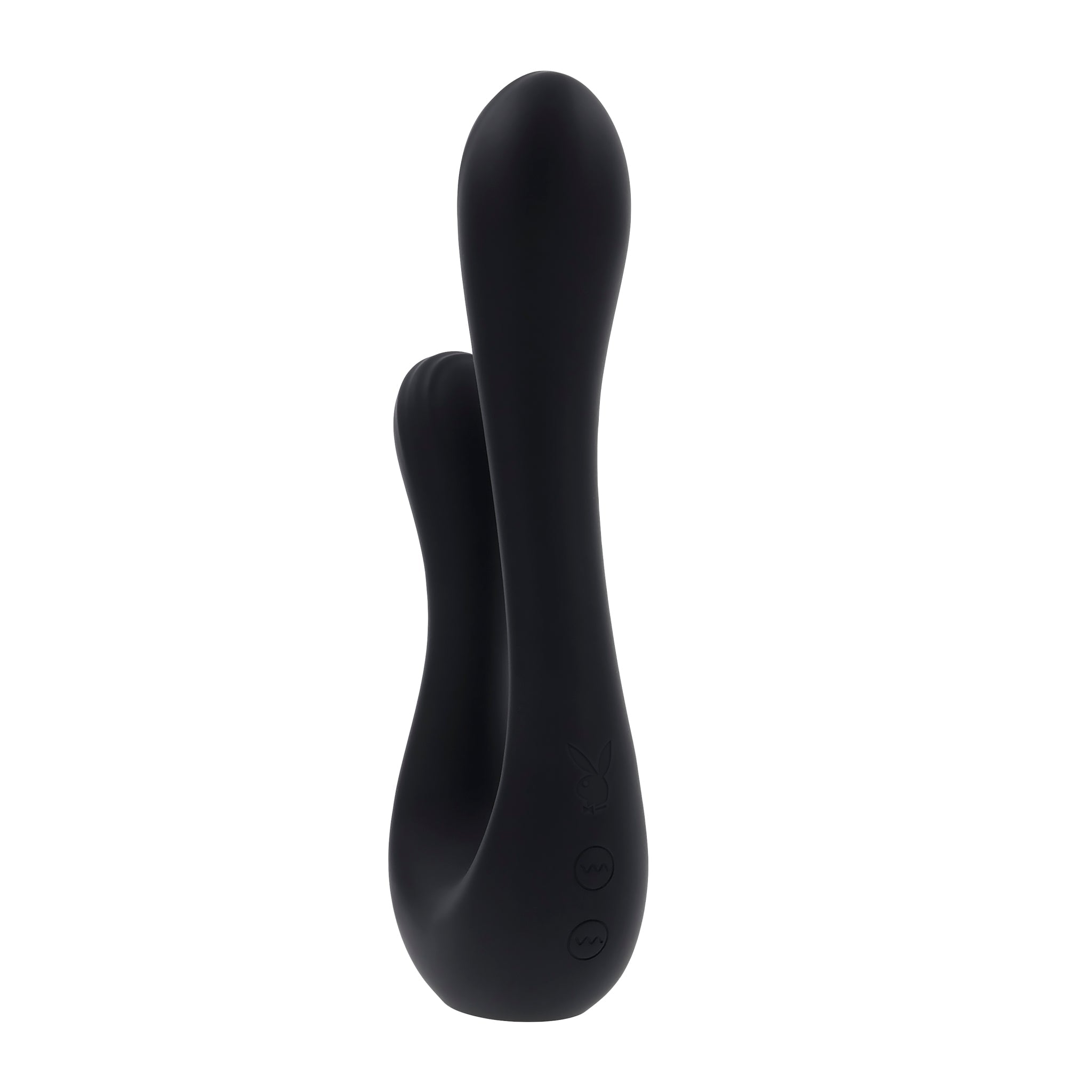 A black dual silicone vibrator with a Playboy bunny logo and two circular buttons.