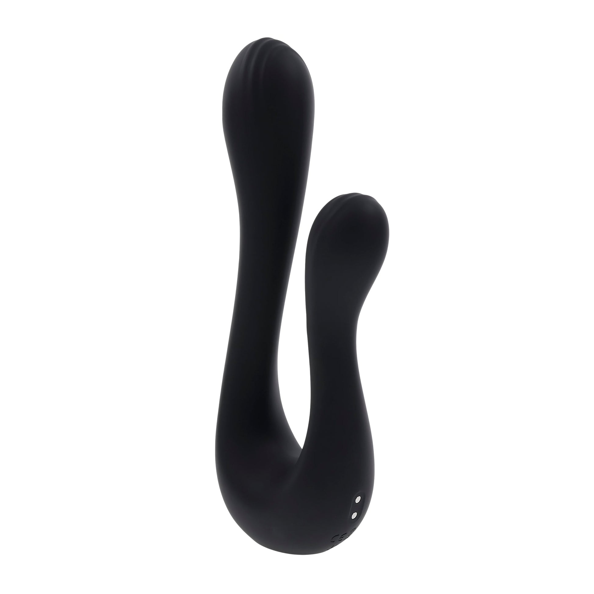 A black dual silicone vibrator with two curved shafts and textured heads.