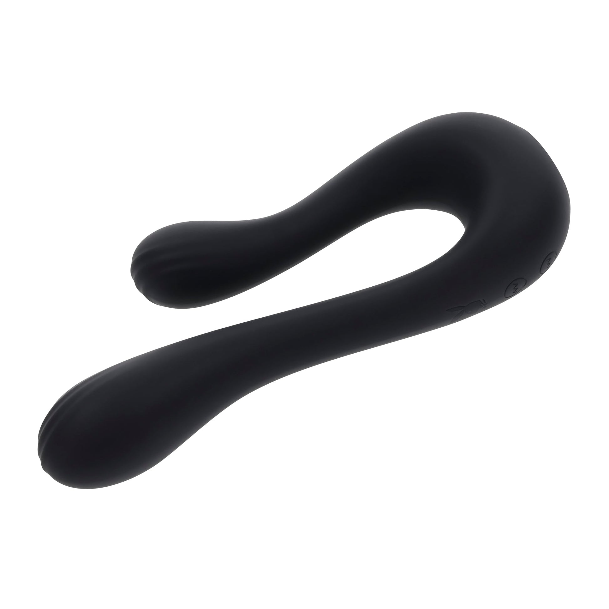 A black dual silicone vibrator with textured heads and control buttons.