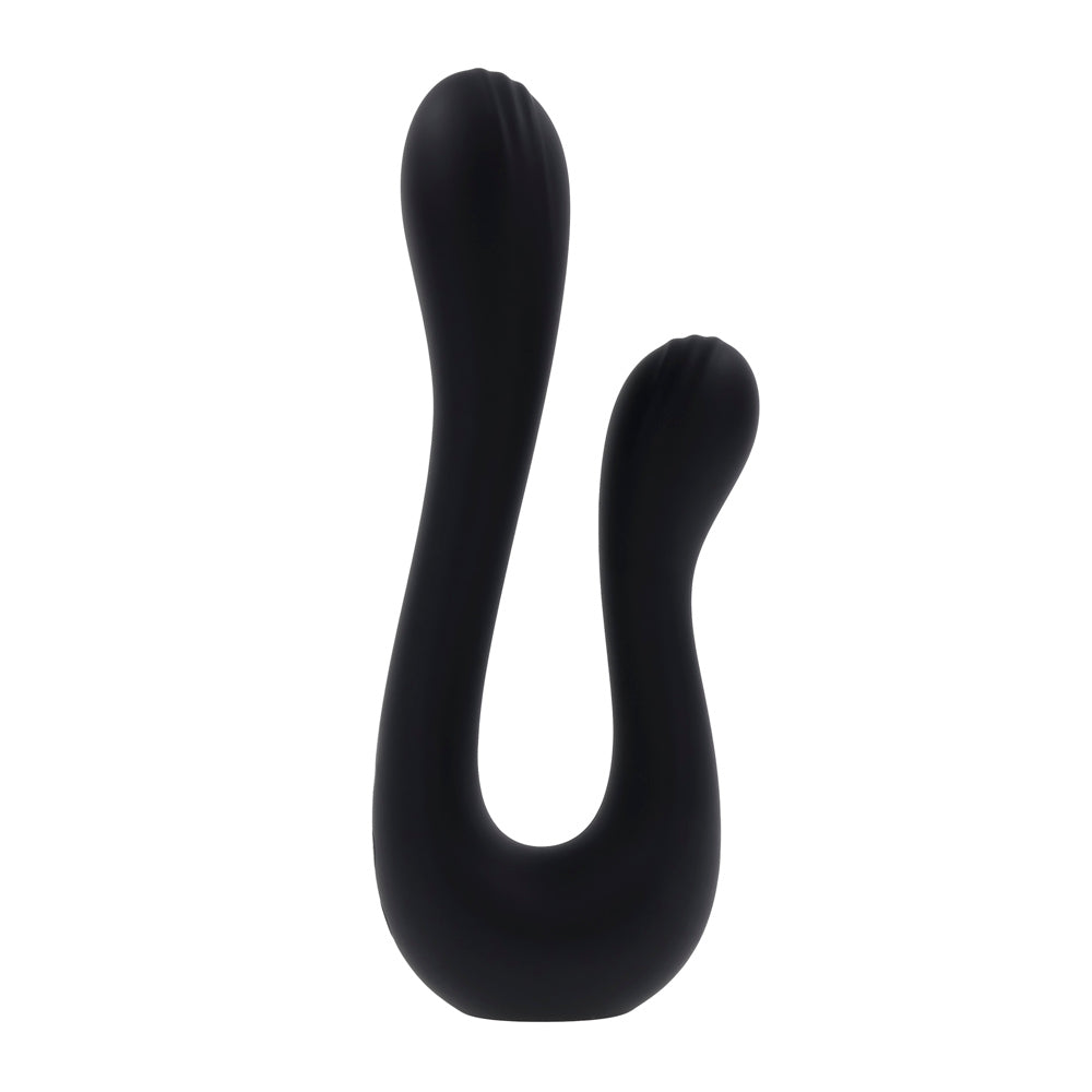 A black dual silicone vibrator with two curved shafts and textured heads.